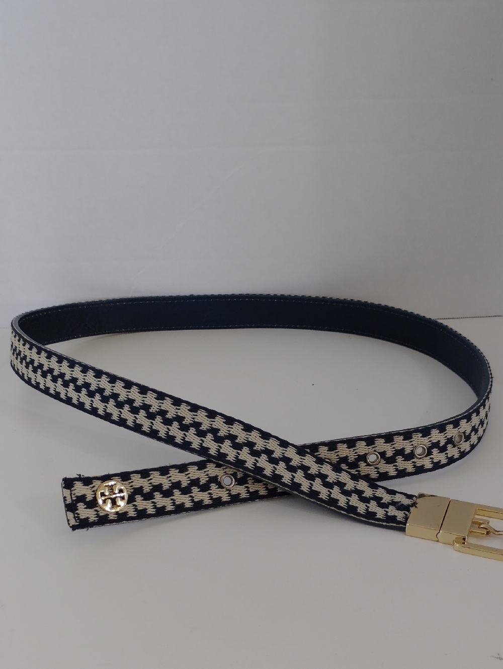 Tory Burch Blue White Checked Fabric/Leather Reversible Belt Sz S Preppy Coastal